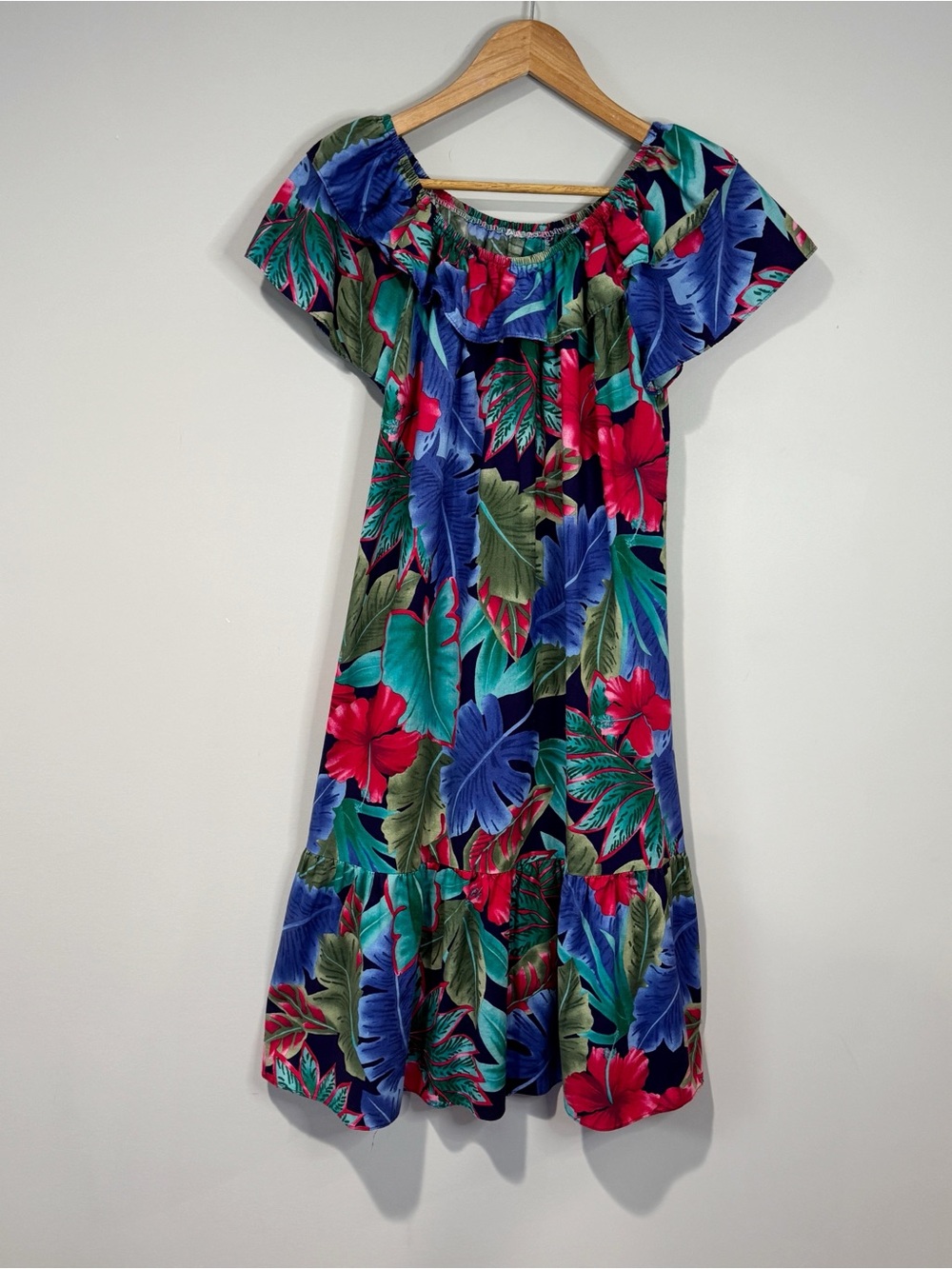 Hilo Hattie Hawaiian Vintage Blue Red Tropical Floral Off Shoulder Midi Dress S